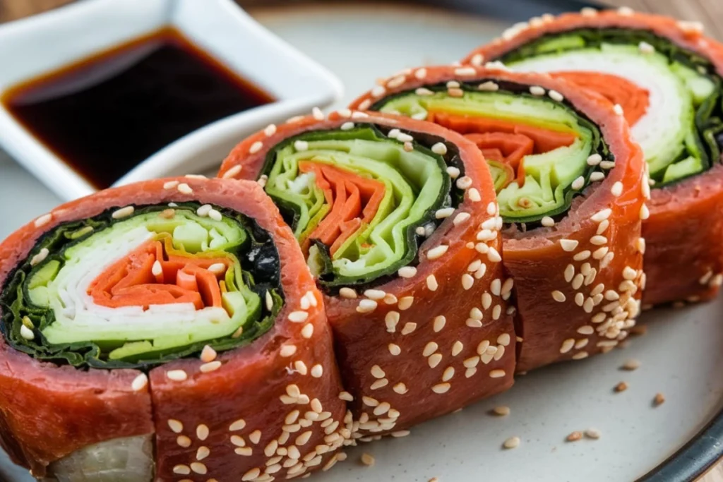 Healthy kimbap rolls with vegetables and sesame seeds.