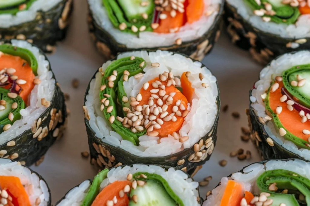 Healthy kimbap rolls with vegetables and sesame seeds.
