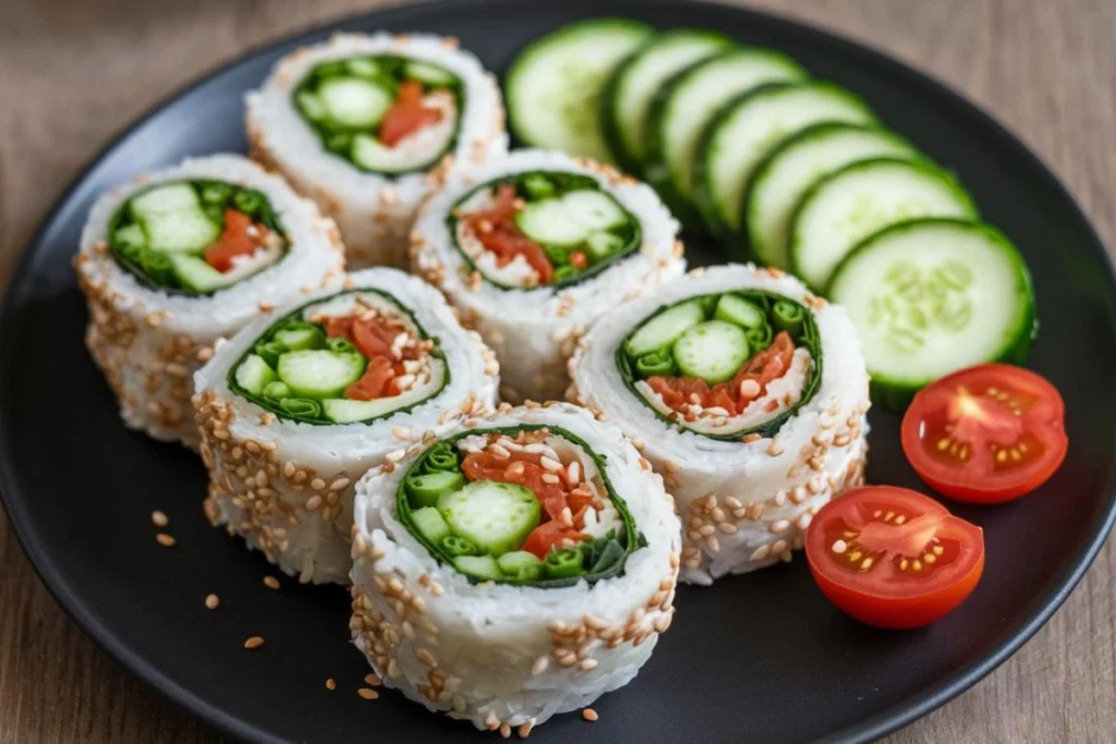 Healthy kimbap rolls with vegetables and sesame seeds.

