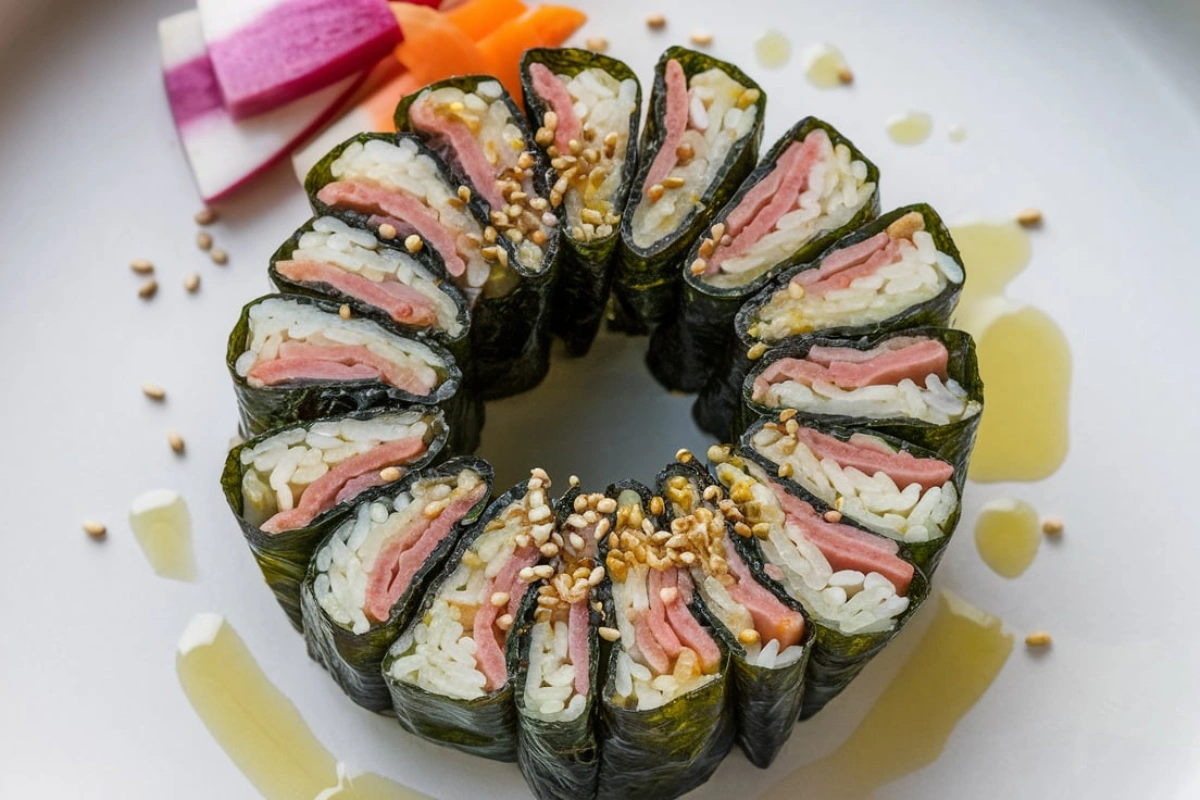 Gimbap rolls with vegetables and sesame seeds on a plate.