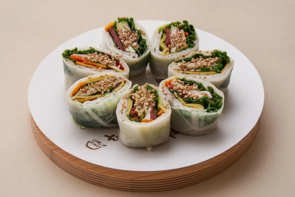 Gimbap rolls with vegetables and sesame seeds on a plate.

