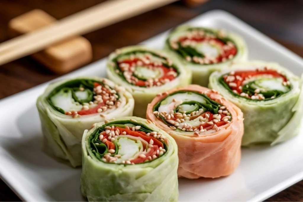 Gimbap rolls with vegetables and sesame seeds on a plate.

