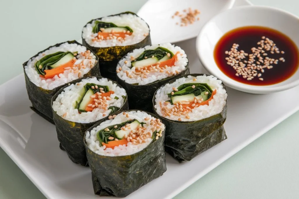 Gimbap rolls with vegetables and sesame seeds on a plate.

