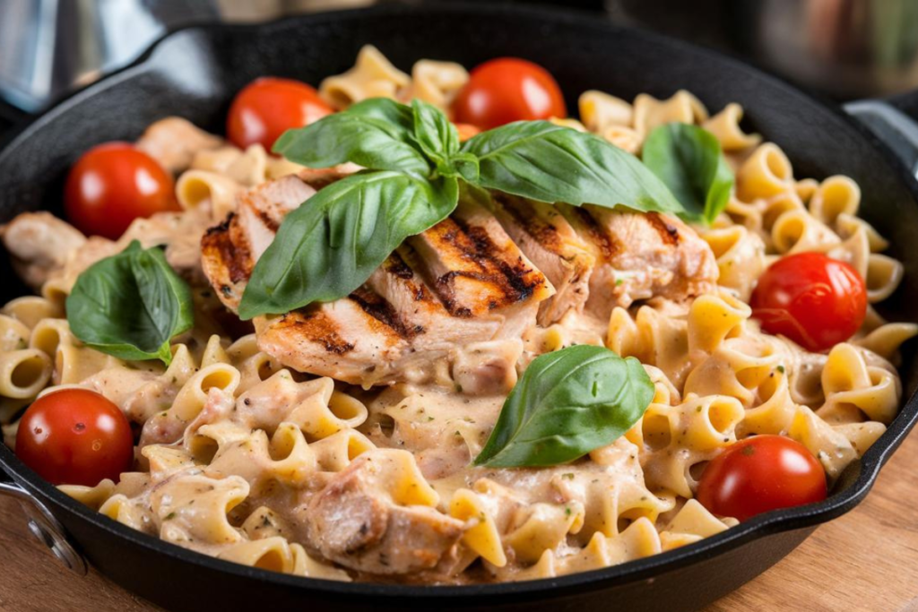 Creamy Marry Me Chicken Pasta served in a skillet with fresh basil garnish.