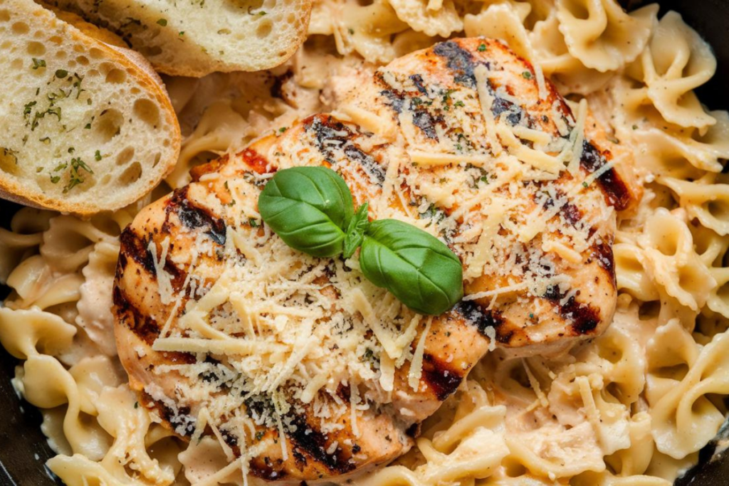 Creamy Marry Me Chicken Pasta served in a skillet with fresh basil garnish.

