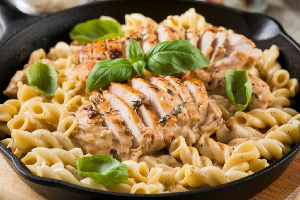 Creamy Marry Me Chicken Pasta served in a skillet with fresh basil garnish.

