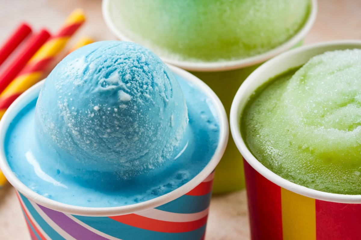 A close-up of an ICEE and a slushie in colorful cups, showing their distinct textures.