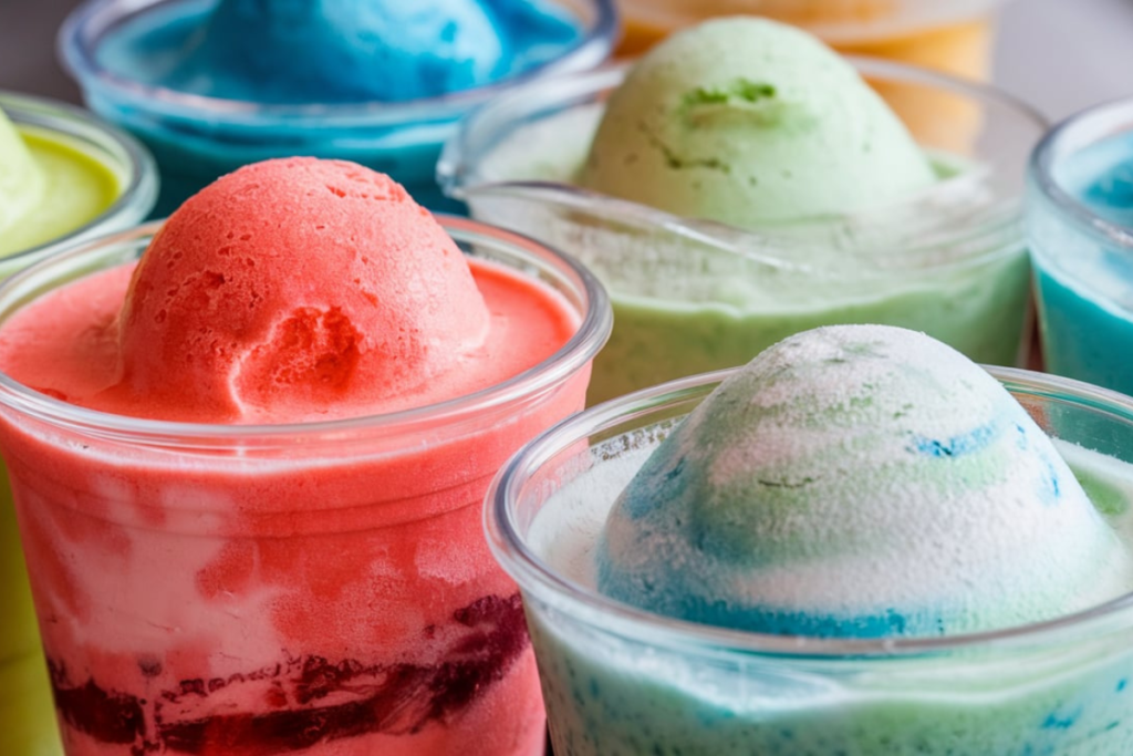 A close-up of an ICEE and a slushie in colorful cups, showing their distinct textures.

