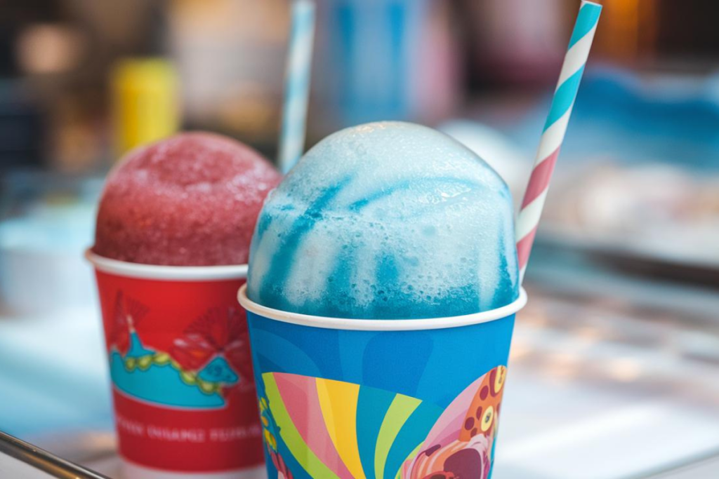 A close-up of an ICEE and a slushie in colorful cups, showing their distinct textures.

