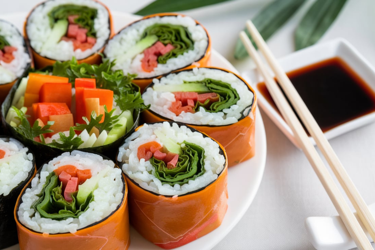 A close-up of colorful kimbap rolls showcasing fresh vegetables, rice, and seaweed, highlighting its nutritious components.