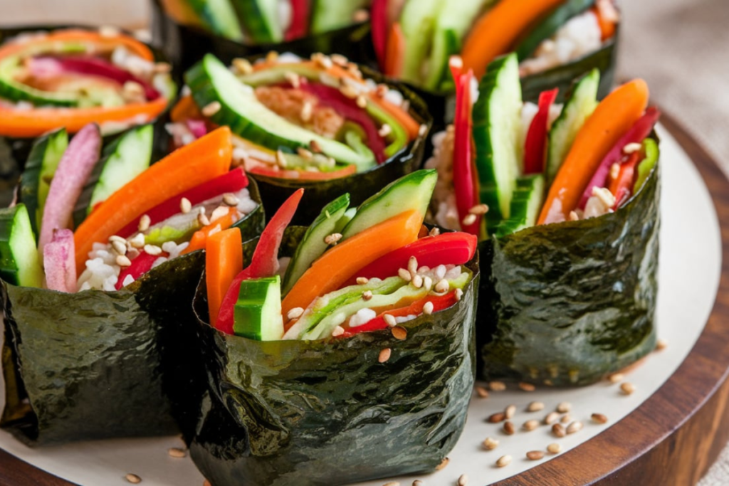 A close-up of colorful kimbap rolls showcasing fresh vegetables, rice, and seaweed, highlighting its nutritious components.

