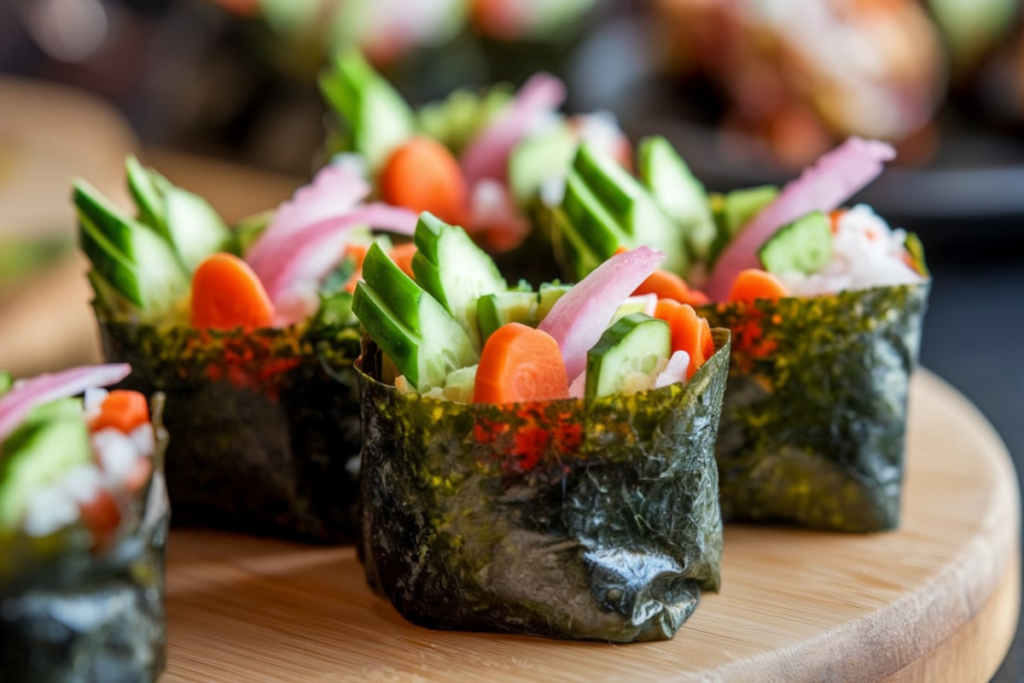 A close-up of colorful kimbap rolls showcasing fresh vegetables, rice, and seaweed, highlighting its nutritious components.

