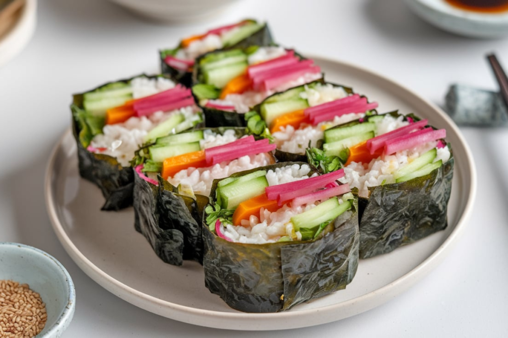 A close-up of colorful kimbap rolls showcasing fresh vegetables, rice, and seaweed, highlighting its nutritious components.

