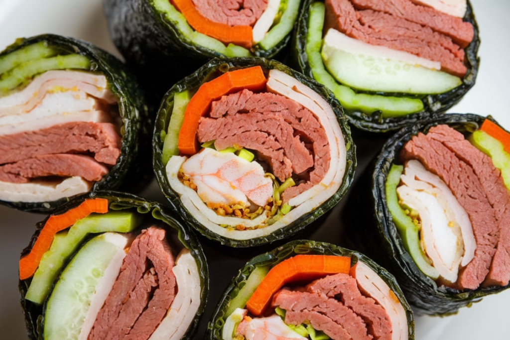 A close-up of sliced kimbap rolls with colorful vegetables and lean proteins, highlighting its appeal as a healthy, low-calorie mea