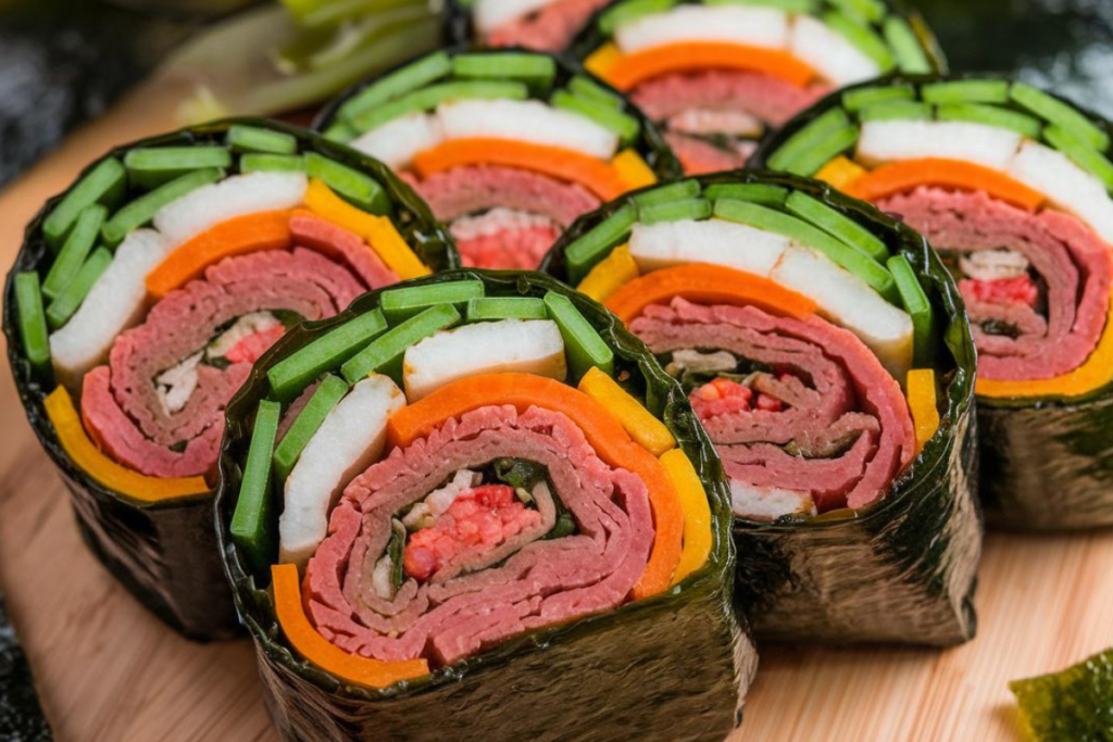 A close-up of sliced kimbap rolls with colorful vegetables and lean proteins, highlighting its appeal as a healthy, low-calorie meal.

