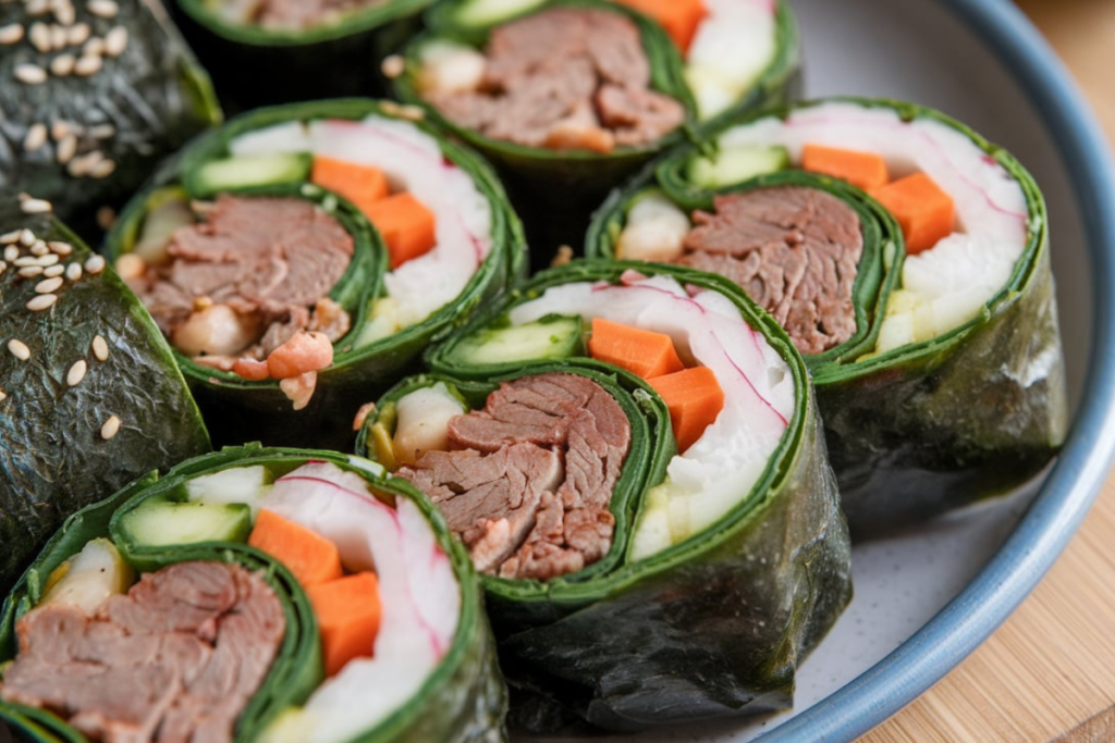 A close-up of sliced kimbap rolls with colorful vegetables and lean proteins, highlighting its appeal as a healthy, low-calorie meal.

