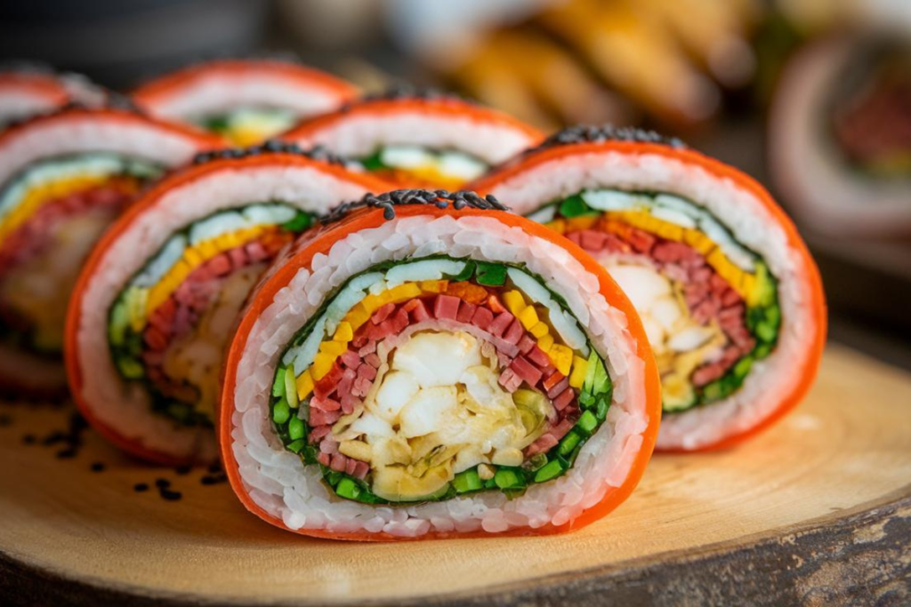 A close-up of sliced kimbap rolls with colorful vegetables and lean proteins, highlighting its appeal as a healthy, low-calorie meal.

