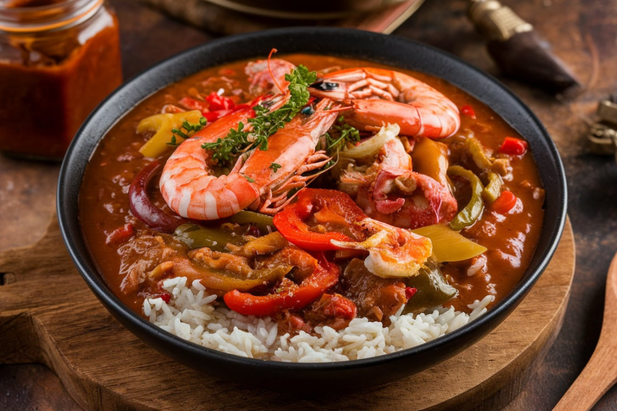 Rich and flavorful gumbo in a bowl with rice