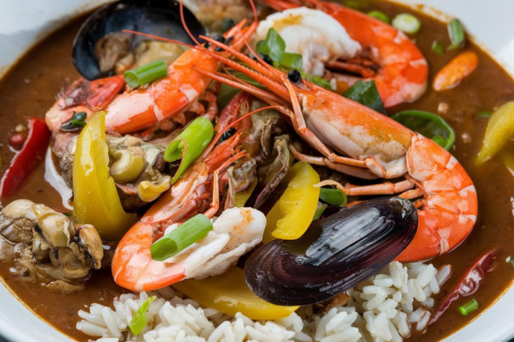 Rich and flavorful gumbo in a bowl with rice

