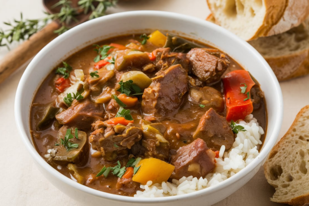 Rich and flavorful gumbo in a bowl with rice

