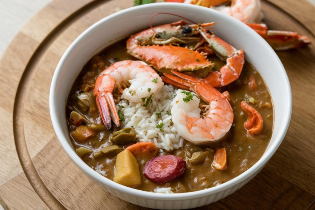 Chicken being added to a pot of simmering gumbo