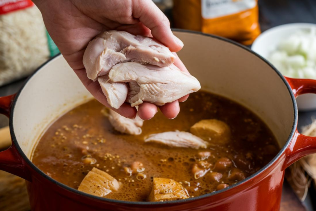 Chicken being added to a pot of simmering gumbo

