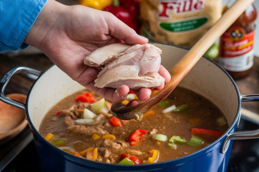 Chicken being added to a pot of simmering gumbo

