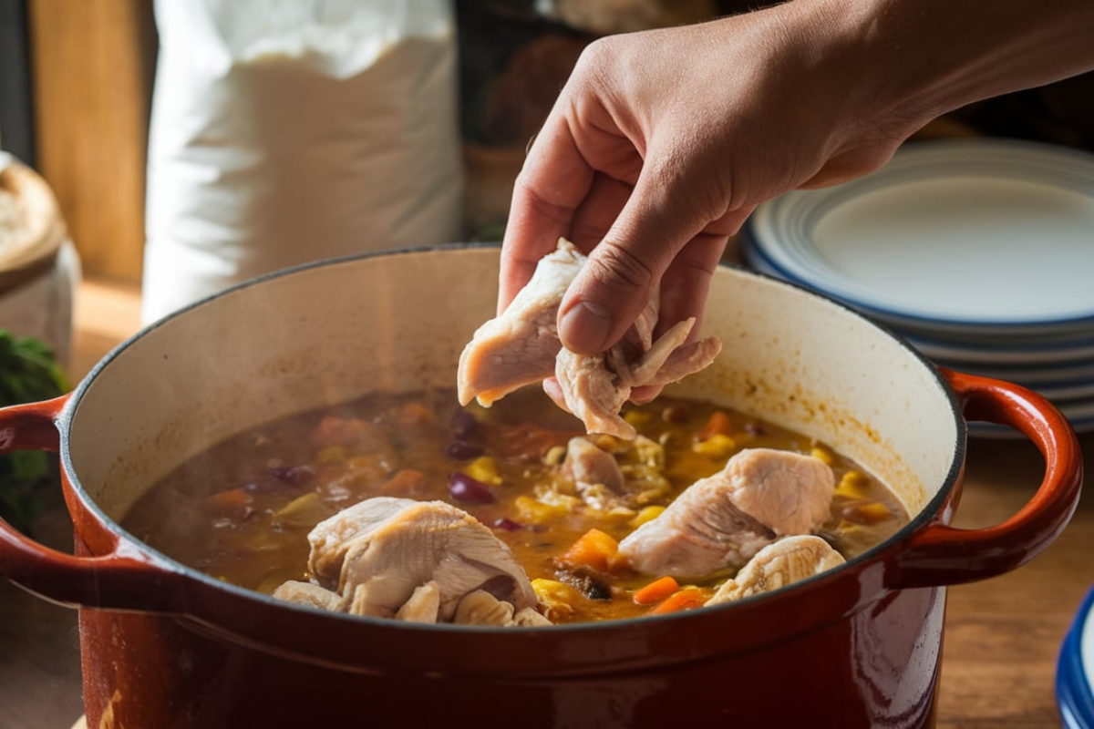 A pot of traditional gumbo simmering with ingredients