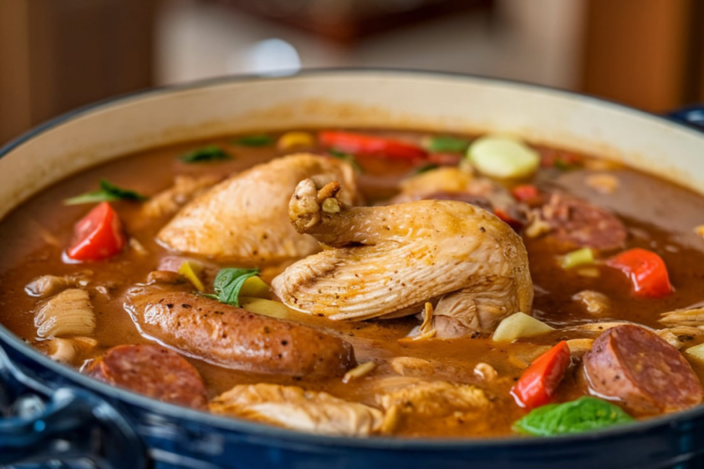 A pot of traditional gumbo simmering with ingredients

