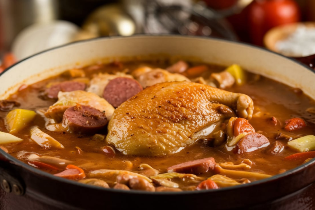 A pot of traditional gumbo simmering with ingredients

