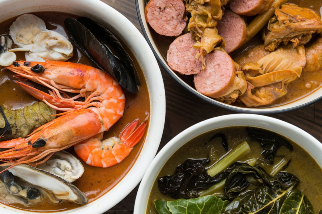 Three bowls of gumbo: seafood, chicken and sausage, and gumbo z'herbes