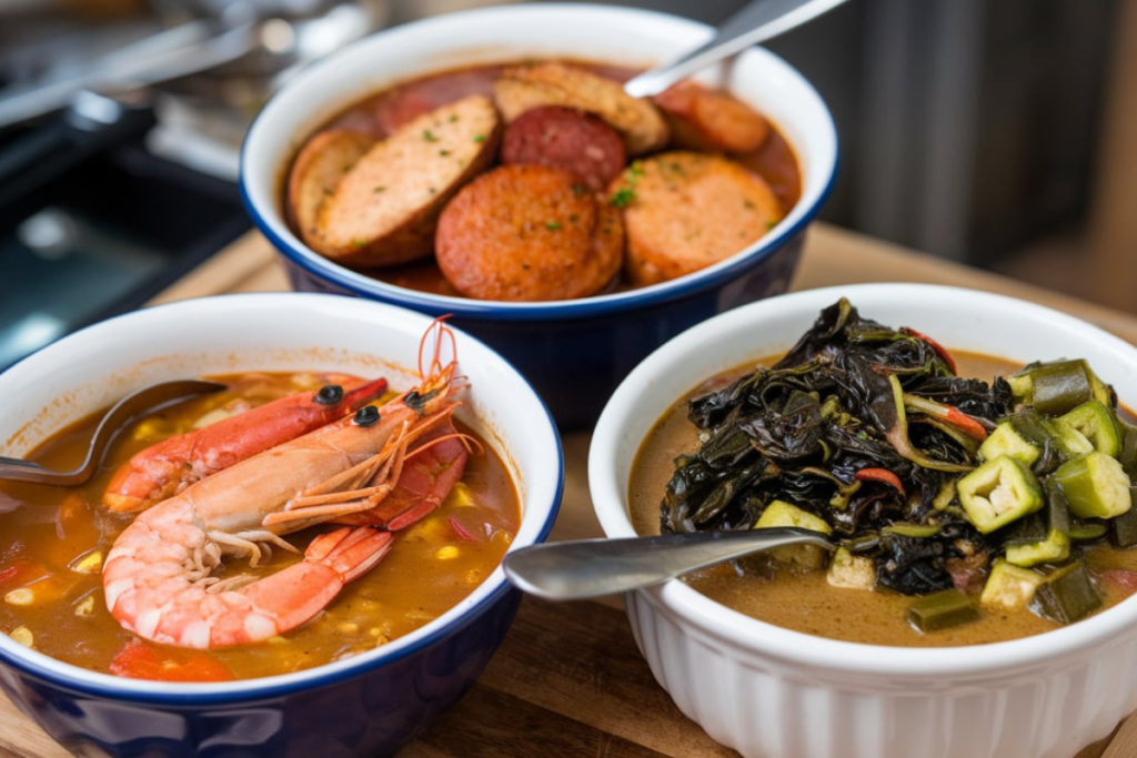 Three bowls of gumbo: seafood, chicken and sausage, and gumbo z'herbes

