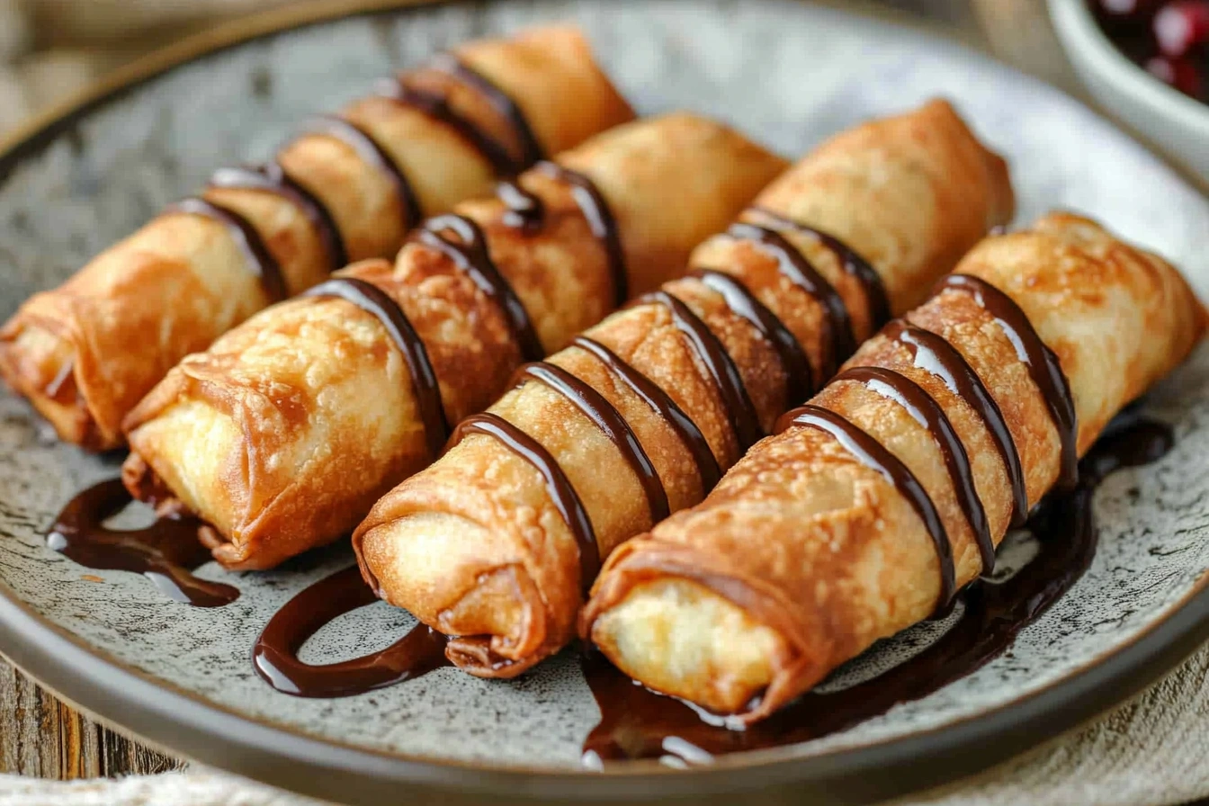 Golden brown cherry cheesecake egg rolls on a plate, served with a drizzle of chocolate sauce