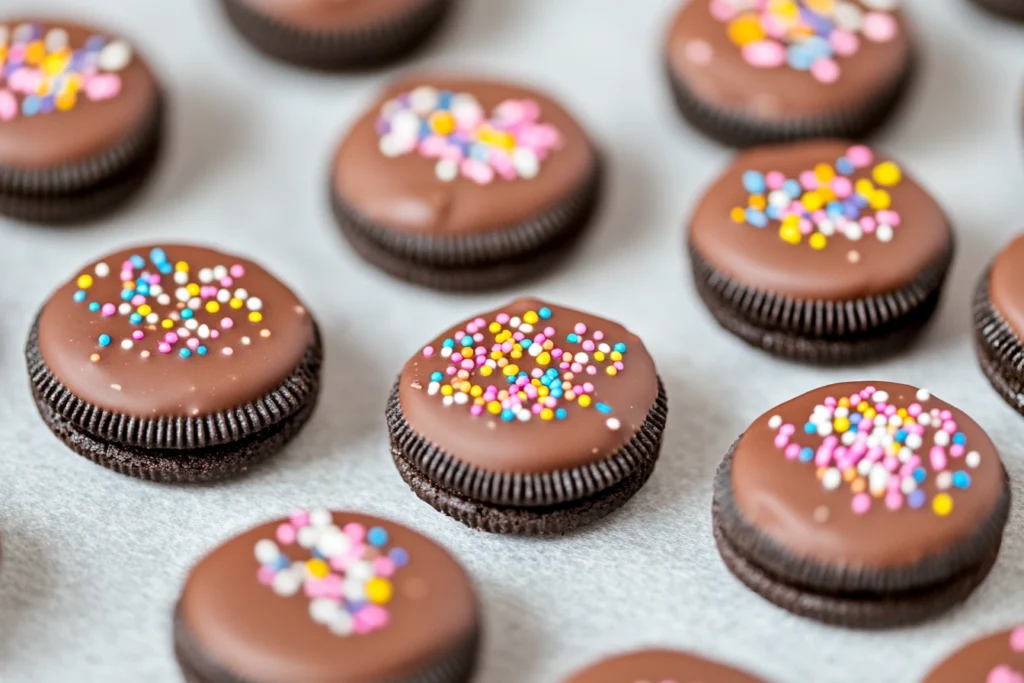 "Oreo cookies dipped in chocolate with decorative sprinkles, set on parchment paper to cool."