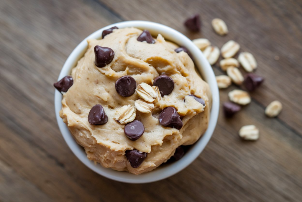 Creamy cottage cheese cookie dough with chocolate chips and rolled oats.

