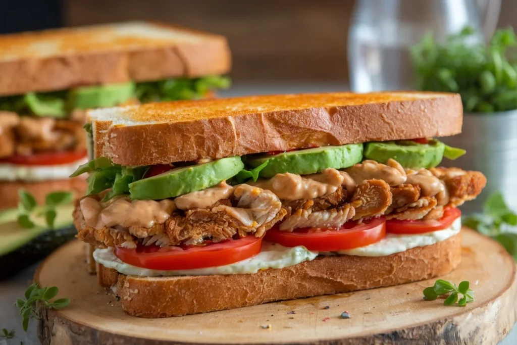 Chipotle chicken avocado melt sandwich on toasted ciabatta bread

