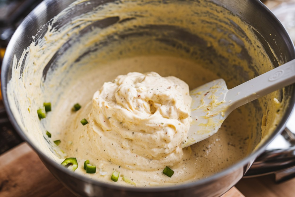 Smooth cottage cheese batter being mixed in a bowl, ready for baking.

