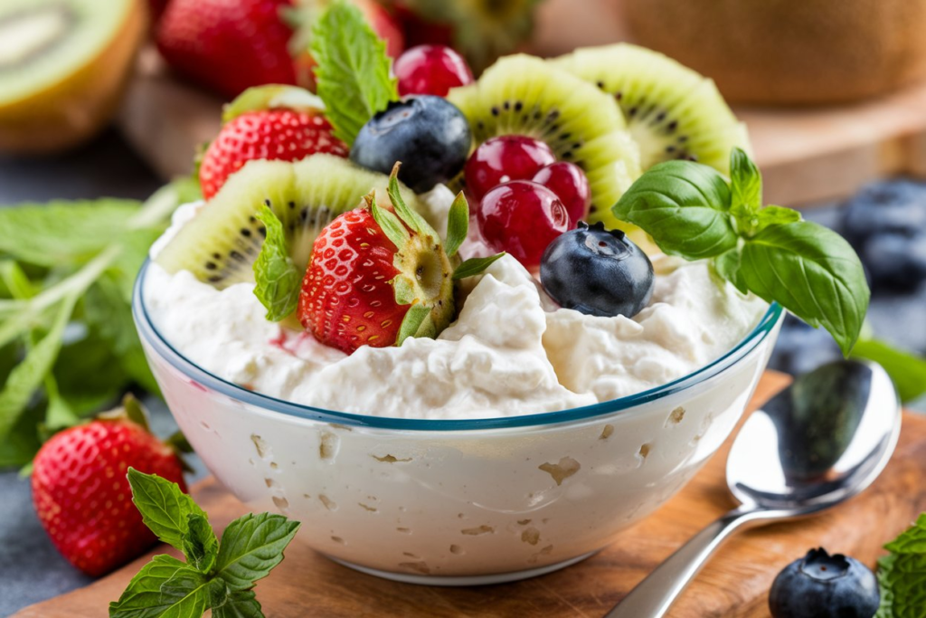 Bowl of cottage cheese with fresh fruits and herbs, showing a perfect mix of sweet and savory flavors.

