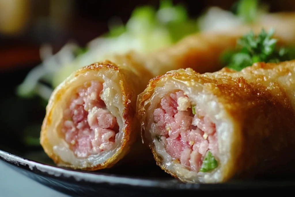 Close-up of an egg roll with pink pork filling inside

