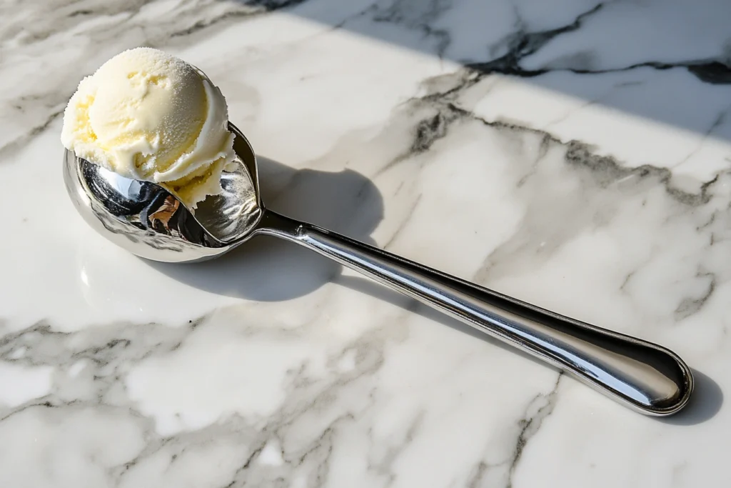 A stainless steel ice cream scoop with a soft-grip handle scooping hard ice cream.

