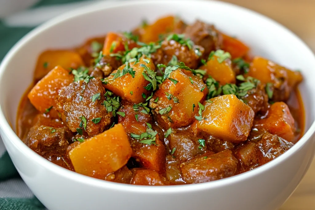 A bowl of goulash topped with fresh herbs

