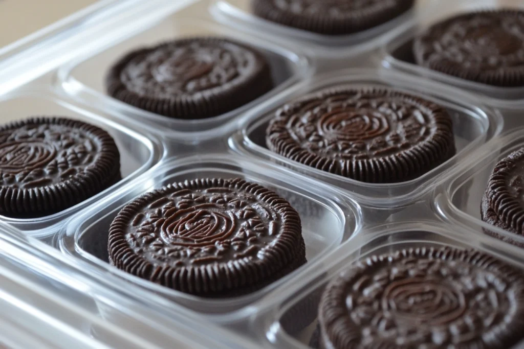 A stack of beautifully decorated chocolate covered Oreos in an airtight container, ready for proper storage.

