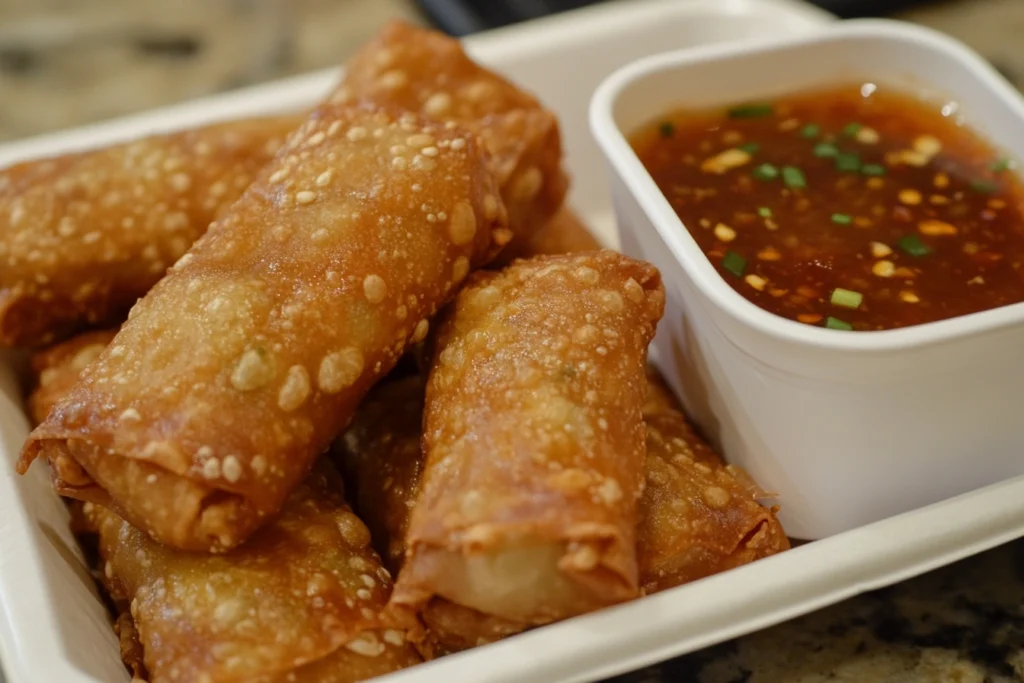 Crispy Costco egg rolls served with dipping sauce

