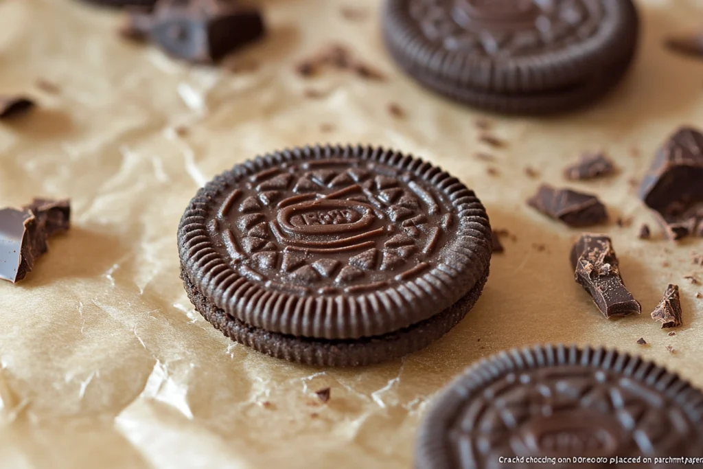 "Cracked chocolate coating on an Oreo placed on parchment paper."



