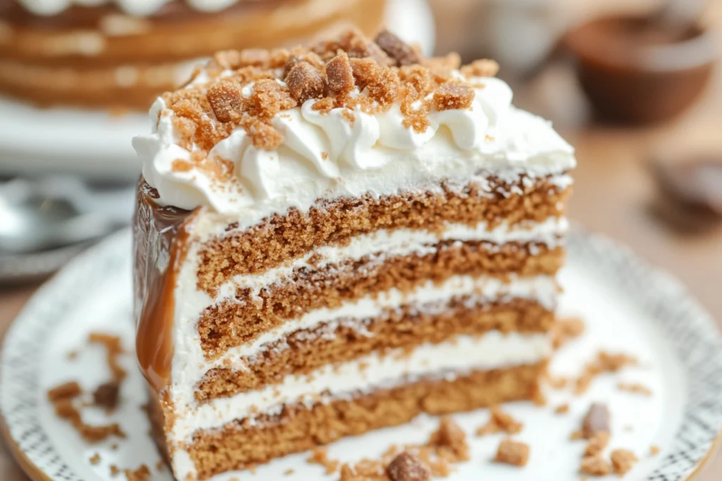 "Delicious Better Than Sex Cake topped with whipped cream, caramel, and crushed toffee."

