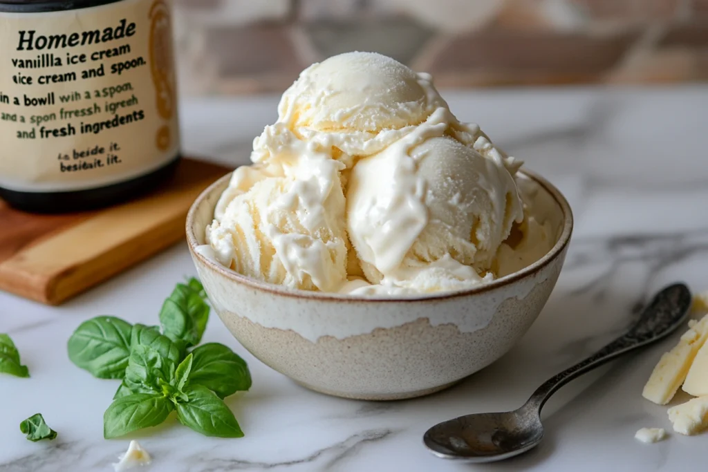 "Homemade vanilla ice cream in a bowl with a spoon and fresh ingredients beside it."

