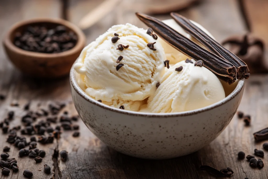 "Ingredients for vanilla ice cream, including heavy cream, sugar, and vanilla beans, laid out on a kitchen counter."

