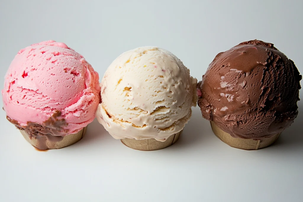 Three scoops of Neapolitan ice cream showcasing chocolate, vanilla, and strawberry layers

