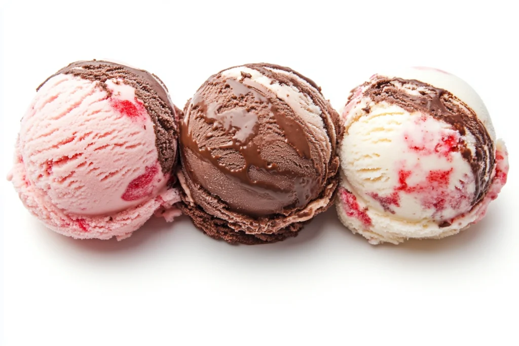 Three scoops of Neapolitan ice cream showing chocolate, vanilla, and strawberry layers side by side.

