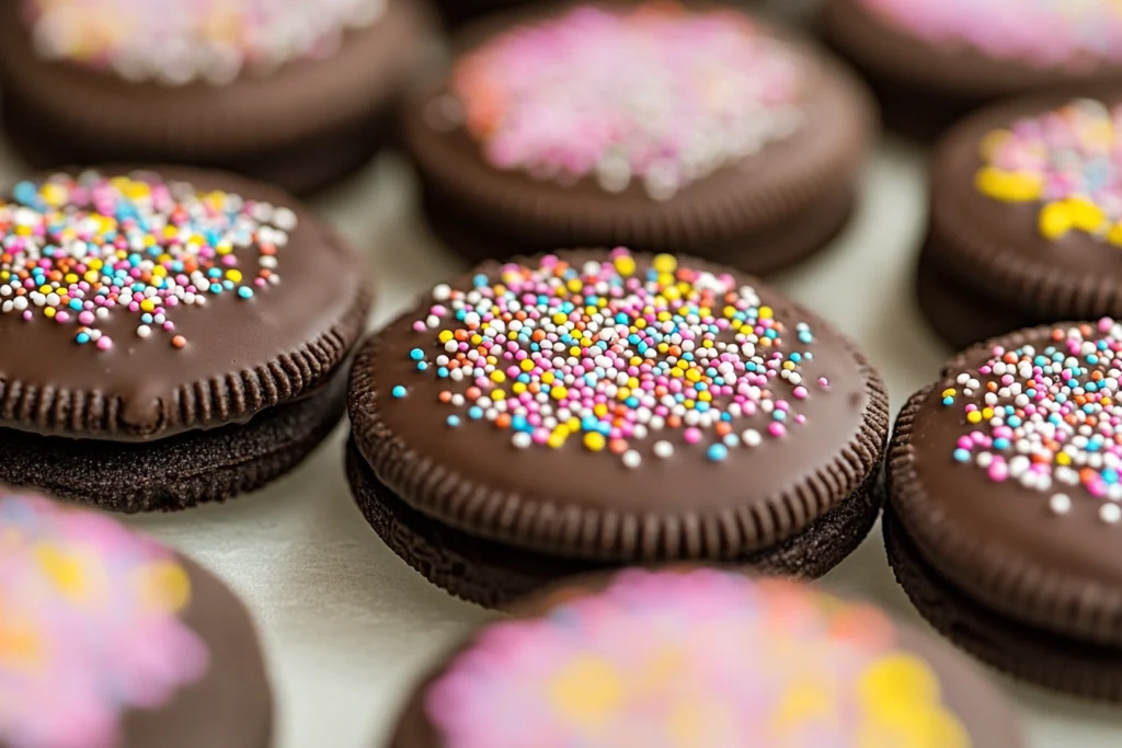 "Oreo cookies dipped in chocolate and decorated with sprinkles, ready for storage."

